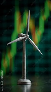 Wind turbine model with green energy concept and stock market graph background showing sustainable investment growth and rising