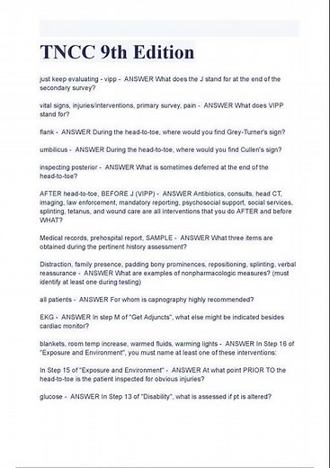 TNCC 9th Edition Exam Latest 2024 Questions with Complete Solutions A+ GRADED 100% VERIFIED ANSWERS