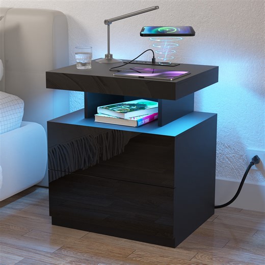 Wade Logan® Chappa Manufactured Wood Nightstand with Wireless Charging Station, LED Light and 2 Drawers & Reviews | Wayfair