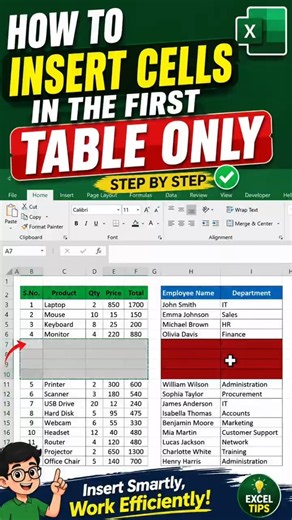 How to Insert Cells in the First Table Only in Excel. #excel #insert #cells #shorts #productivity