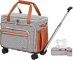 FINESUN Sewing Machine Case with Wheels, Foldable Deluxe Rolling Sewing Machine Carrying Bag for Brother, Singer, Bernina and Most Machines,Black and White Stripes (with Pad)
