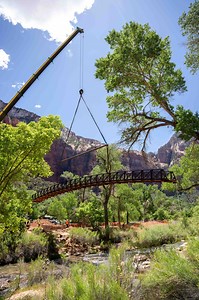 The Emerald Pools Bridge is open!!! For the past two years, the bridge connecting Zion Lodge (shuttle stop 5) and the Emerald Pools Trail system has been closed due to its concrete foundation shifting and crumbling as ground moves around it. During that time, park subject matter experts and contracted construction crews have been working tirelessly to create a plan to get it back up and running. Which led to this! The bridge getting to go a fun trip up the river🥰 Experts surveyed the area and f