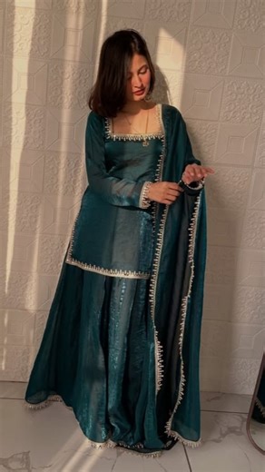 Design by omaira | Model inspired outfit ✨ Kali wala plazo💚✨ Eid outfit DM for order #designbyomaira #viral #plazosuits #eidoutfitdress #trending | Instagram