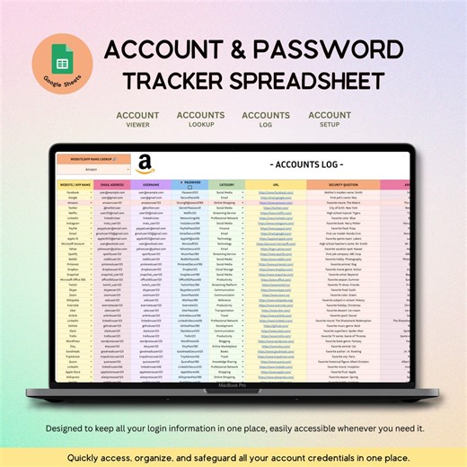 Accounts & Password Tracker, Google Sheets Microsoft Excel Spreadsheet Template Password Log Account Tracker Password Keeper and Organizer - Etsy