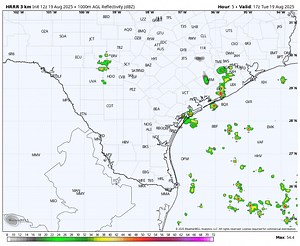 AUG 19 - This is how the High Resolution Rapid Refresh (HRRR) model handles this afternoon's chance for scattered showers/storms. Loop is from 10am-10pm, TUE. | Alan Holt
