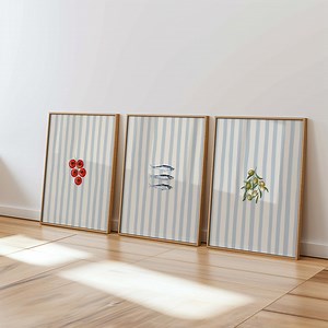 Mediterranean Kitchen Wall Art Set of 3, Blue Striped Sardines Print Olives Painting, Tomatoes Wall Art Watercolor Mediterranean Food Print - Etsy