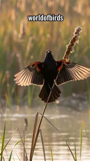 Red winged Blackbird singing on reed