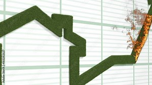 animation of rising arrow shaped like a house with fire and explosion .