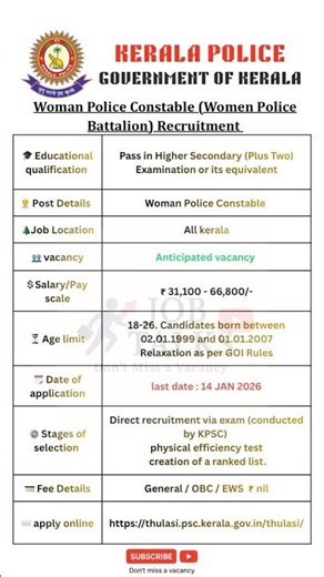 KERALA POLICE WOMEN POLICE CONSTABLE RECRUITMENT 2025-26 #jobtalks4u #shorts