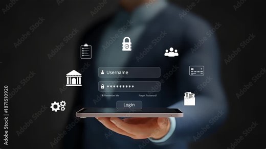 Cybersecurity Concept. Secure Login, Data Protection, Online Safety, Online Banking and Payments, Digital Trust Assurance. User Logging Into Secure Account with Username and Password. 3D Video