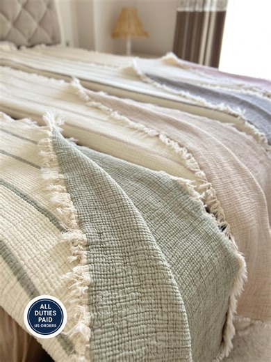 Boho Striped Muslin Bedspread: Lightweight Cotton Twin/queen/king Blanket - Etsy