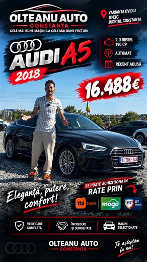 🔥 NU E DOAR UN AUDI A5… E GENUL DE MAȘINĂ PE CARE O VEZI ȘI TE ÎNTORCI DUPĂ EA! 😮‍💨 🚘 Audi A5 • 2018 ⚙️ 2.0 TDI • 190 CP 🟢 Euro 6 🔄 Cutie automată 🇩🇪 Recent adusă 💰 16.488€ Și da… o poți lua și în RATE, cu AVANS 0️⃣ prin: 💳 TBI Bank 💳 Mogo IFN 💳 BT Direct La Olteanu Auto Constanța nu încercăm doar să vindem mașini. Construim o poveste, client cu client. ❤️ 📍 Varianta Ovidiu, DN3C – Constanța 📞 0735 073 145 👉 Dacă ai ajuns până aici, spune-ne în comentarii ce părere ai de acest Aud