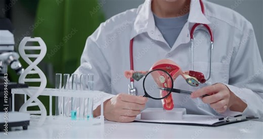 Doctor gynecologist demonstrating anatomical model of female reproductive system with tools in laboratory setting.