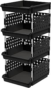 Lifewit Plastic Stackable Storage Baskets, 4 Tier Stacking Bins 13.8"D x 11.8"W x 28.3"H, Large Capacity Multi-Functional Containers Shelves for Pantry, Playroom, Kitchen and Bedroom, 1 Pack, Black