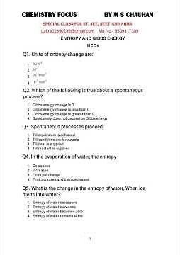 THERMODYNAMICS MCQs; MEASUREMENT OF dU AND dH; HESS`S LAW; ENTHALPY CHANGE; ENTROPY & GIBBS ENERGY;