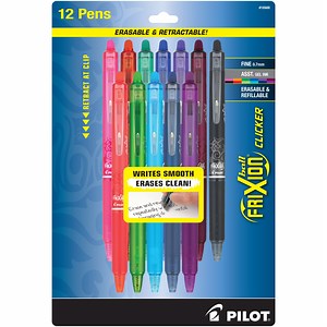 Pilot FriXion Clicker Erasable Gel Ink Pens, Fine Point, Assorted Ink, 12 Count