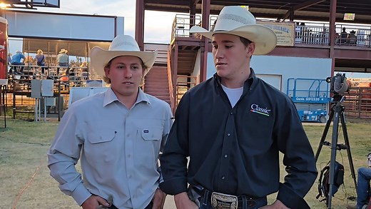 Rance Doyal, left, and Mason Appleton were solid Friday and moved into a tie field third place in team roping to set their spot at the table for Sunday's championship round. | Dodge City Roundup