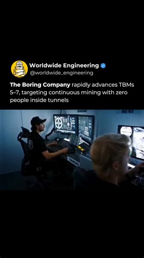 WORLDWIDE ENGINEERING 🌍 on Instagram: "Big machines no longer need people underground. The Boring Company is pushing tunnel boring machines forward with a new approach focused on continuous mining controlled entirely from the surface. Instead of workers inside the tunnel operators sit behind rows of computers and monitors, managing the entire process remotely while coordinating in real time. By removing people from the tunnel itself the system aims to improve safety, speed, and efficiency at th