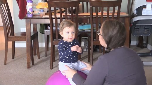 Babies can play with exercise balls too! Place your 10-12 month baby in a seated position on an exercise ball and hold them firmly at the hips while you sing to them. Bounce them up and down and roll them slightly forward and backward. This helps baby exercise their core muscles and develops their sense of balance. Play more baby games: https://pathways.org/growth-development/10-12-months/games/ Copyright © 2020 Pathways Foundation | Pathways.org