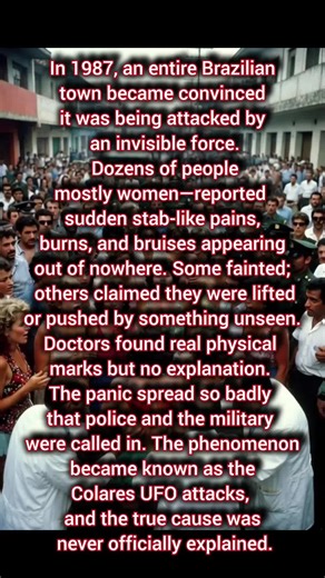 In 1987, an entire Brazilian town became convinced it was being attacked by an invisible force. Dozens of people—mostly women—reported sudden stab-like pains, burns, and bruises appearing out of nowhere. Some fainted; others claimed they were lifted or pushed by something unseen. Doctors found real physical marks but no explanation. The panic spread so badly that police and the military were called in. The phenomenon became known as the Colares UFO attacks, and the true cause was never officiall