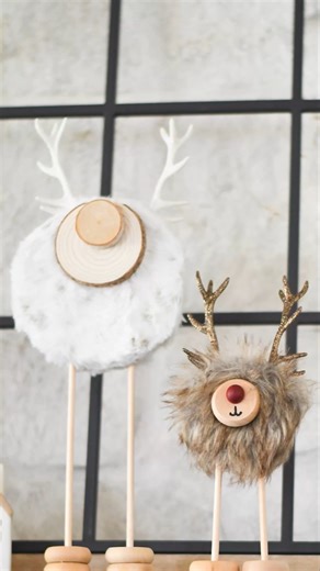 So stinkin' cute. Dollar Tree faux fur wooden wheels and these standing reindeer are ready. #christmascraftideas #Christmas #christmascrafts #reindeer | Ruffles And Rain Boots