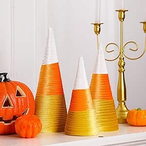3 Pcs Halloween Candy Corn Table Centerpieces Halloween Table Decoration Large Velvet Cone Set White Orange Yellow Candy Corn Reusable Decorations for Home Room Fall Party Tabletop Desk