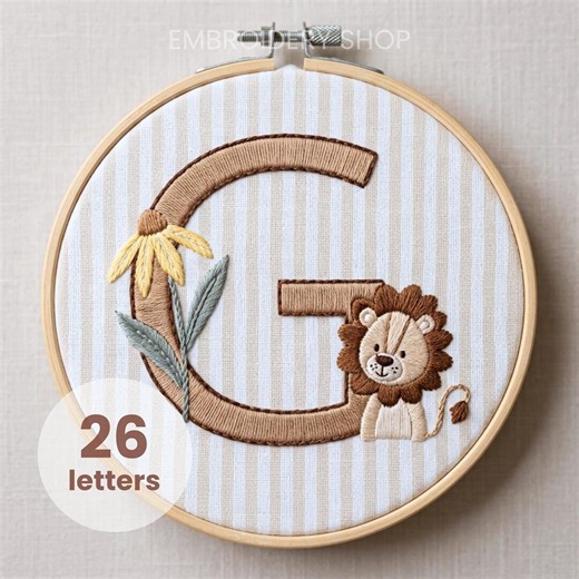 Lion alphabet embroidery pattern, baby boy embroidery, safari lion head, nursery sign gift DIY custom letter