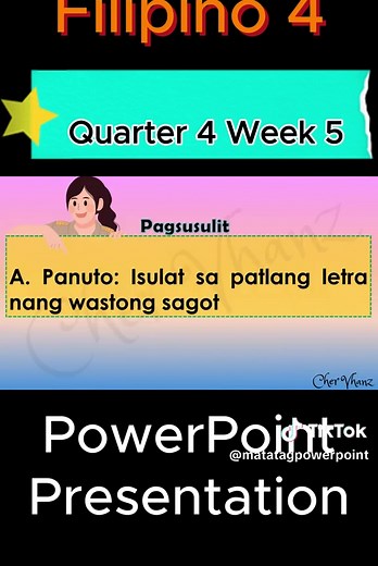 Filipino 4 Quarter 4 Week 5 – MATATAG Curriculum All subjects are available Grade 4 MATATAG CURRICULUM PowerPoint Presentation Subscribe to my youtube channel for more videos: https://www.youtube.com/@chervhanz Message me on my Facebook page: https://www.facebook.com/videolessonsandworksheets #matatagcurriculum #grade4matatag #powerpointpresentation #fyp