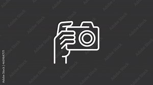 Animated devices in hand white icons. User interaction line animation. Hand holding. Seamless loop HD video with alpha channel, transparent background. Motion graphic design for night mode