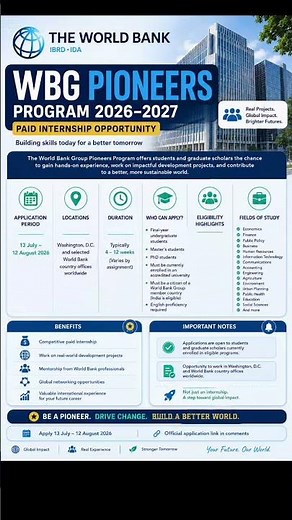 🌎World Bank Group Pioneers Program 2026–2027 | Paid International Internship | Apply Now