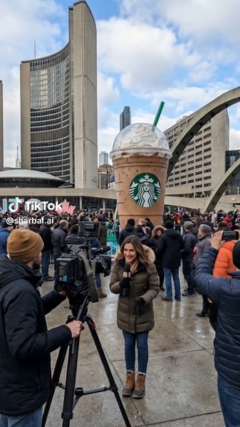 Imagine waking up and seeing the largest Iced Latte in Toronto! ☕🇨🇦 Live coverage from Toronto City Hall, where crowds gathered to witness this giant Starbucks Iced Latte installation taking over the square. Cameras everywhere, people filming, and coffee literally becoming a Toronto landmark for the day. Only in Toronto… where even coffee can go viral. #Toronto #Starbucks #TorontoEvents #DowntownToronto #CanadaLife