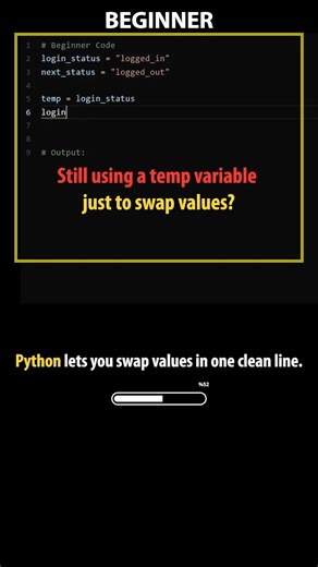 2.9K views · 12 reactions | Most beginners use temp variables to swap values… But Python has a cleaner way   Want LONG videos? Comment LONG   Playlist: Python Beginner vs Pro - Smart Code Techniques https://www.youtube.com/playlist?list=PLRDw3sgt9Fbug4EFBcbCv6scvqXmOgCky #python #pythonlearning #pythontips #codingtips #LearnPython #ewaysol | EWaySol Tech | Facebook