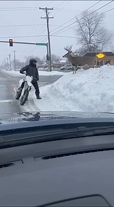Wait for the jump! 😱 This motorcyclist had a very close encounter with a deer that decided to take the high road. Talk about a heart-stopping moment! 🏍️❄️ | Daily Topic