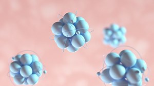 Motion of atom spheres with pink organic background, 3d rendering.