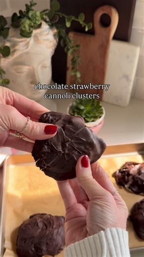 Trader Joe’s frozen cannoli clusters 🍓🍫 If you love cannolis then you will love these easy three ingredient cannoli clusters! This sweet cannoli dip from Trader Joe’s is absolutely delicious! It is a seasonal item, and will probably be on its way out soon… so definitely grab it before it’s gone! Chop up a handful of strawberries and mix into the cannoli dip. Drop onto a baking sheet lined with parchment paper. Freeze until solid - about 4 hours. Melt your chocolate - I used the Trader Joe’s da