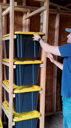 No more unstacking three heavy totes just to get to the one at the bottom! These shelves are designed specifically for tote storage - each tote gets its own spot and slides right out. Super simple build, but the design is brilliant. Even loaded with heavy stuff, these shelves hold up perfectly. Your shed organization game will never be the same. The best part? The plans are completely free. Get the free plans here: https://bit.ly/46aXC1I Who else is tired of playing tote Jenga in their shed? #sh