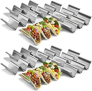 Uno Casa Metal Taco Holder Set of 12 - U-Shaped Taco Stand, Durable Taco Shell Holder, Dishwasher Safe Taco Racks Taco tray, Stainless Steel Taco - Taco Holders Set Holds 3 Tacos Includes Recipe Book