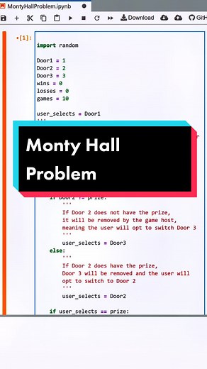 There's infinite ways to program this, I just tried to do the easiest way to explain. Try it out yourself! #montyhall #probability #python
