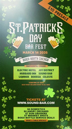 Saturday, March 14th, 2025 ST. PATRICK’S DAY BAR FEST! PRESENTED BY MAD CITY BAR FEST DAYTIME EVENT : 9AM – 3PM Main Room DJs FULL DJ LINE-UP ANNOUNCEMENT SOON! Drink & Table Specials $6 Domestics $6 Angry Orchard $7 Sun Cruisers $7 Whiskey Shots BOGO Bottle Service Deals Ticket Purchase for Main Room Event and Full Venue Access. *** GUARANTEED ADMITTANCE BUY NOW www.sound-bar.com *** Table Reservations available. For pricing information email reserve@sound-bar.com Sound-Bar is a strictly 21 ven
