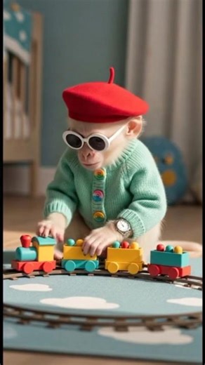 "Baby Monkey Playing With Toy Train 🚂🐒 | Cute Funny Reactions & Mini Train Adventure 😍🤣"