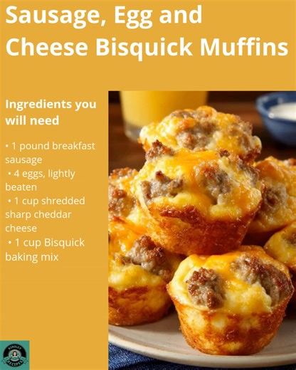 🍳🧀 Sausage, Egg, and Cheese Bisquick Muffins Easy Grab-and-Go Breakfast Comfort 💛 Warm, fluffy, and packed with savory sausage and melty cheddar, these Bisquick breakfast muffins are the ultimate easy morning win. They mix up in minutes and bake into golden, protein-packed bites that are perfect for busy weekdays, meal prep, or cozy weekend brunch spreads. Ingredients • 1 lb breakfast sausage • 4 large eggs, lightly beaten • 1 cup shredded sharp cheddar cheese • 1 cup Bisquick baking mix Inst