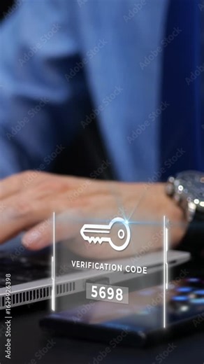 Two-factor Authentication. A Man Using A Laptop With The Verification Code Appearing As Holographic. Vertical shot