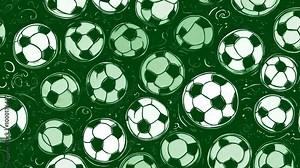 Stop motion loop hand drawn animation, black background with multicolored soccer or football balls in different sizes