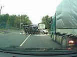 Russian armoured vehicle loses control and smashes into car