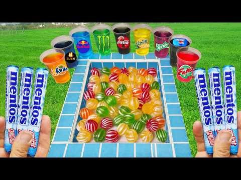 Colorful Sugar VS Coca Cola of Fanta, Foam, Popular Sodas! Sprite Pepsi Pepsi And Mentos İn The Pool