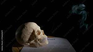 Paper contract deception. A personal documents lay on the table with human skull bones in fume against black background.