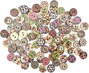 Decorative Wood Buttons, 200 Pack, 5/8 Inch, Vintage Pattern, 2 Holes, Mixed Colors (B-Style)