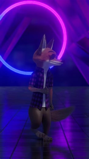 Dancing Fox Character in Neon Futuristic Setting
