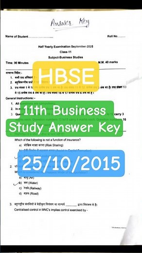 Class 11th Business Study Answer Key 25/10/2025🔑 Half Yearly Exam