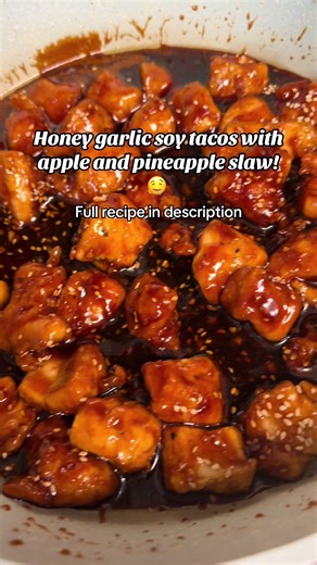 Honey Garlic Soy Chicken tacos with Apple and Pineapple slaw Apple and Pineapple Slaw - 12oz bag of broccoli slaw - 1 honey crisp apple peeled and cut into matchsticks - 1 can of pineapple chunks in 100% pineapple juice (slice the chunks or just leave them as is) - 2 tbs honey - 2 tbs sugar - 1 tsp of dijon mustard - Lemon juice - splash of apple cider vinegar Chicken - 2lb of chicken breast beaten to tenderize and cut into bite sized pieces - 1/4 cup of flour - 2tbs of olive oil - Salt and pepp